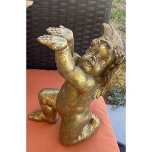 Heavy Gold Resin Angel Cherub 10.5” Ht Hands Can Hold Small Tray & Votive